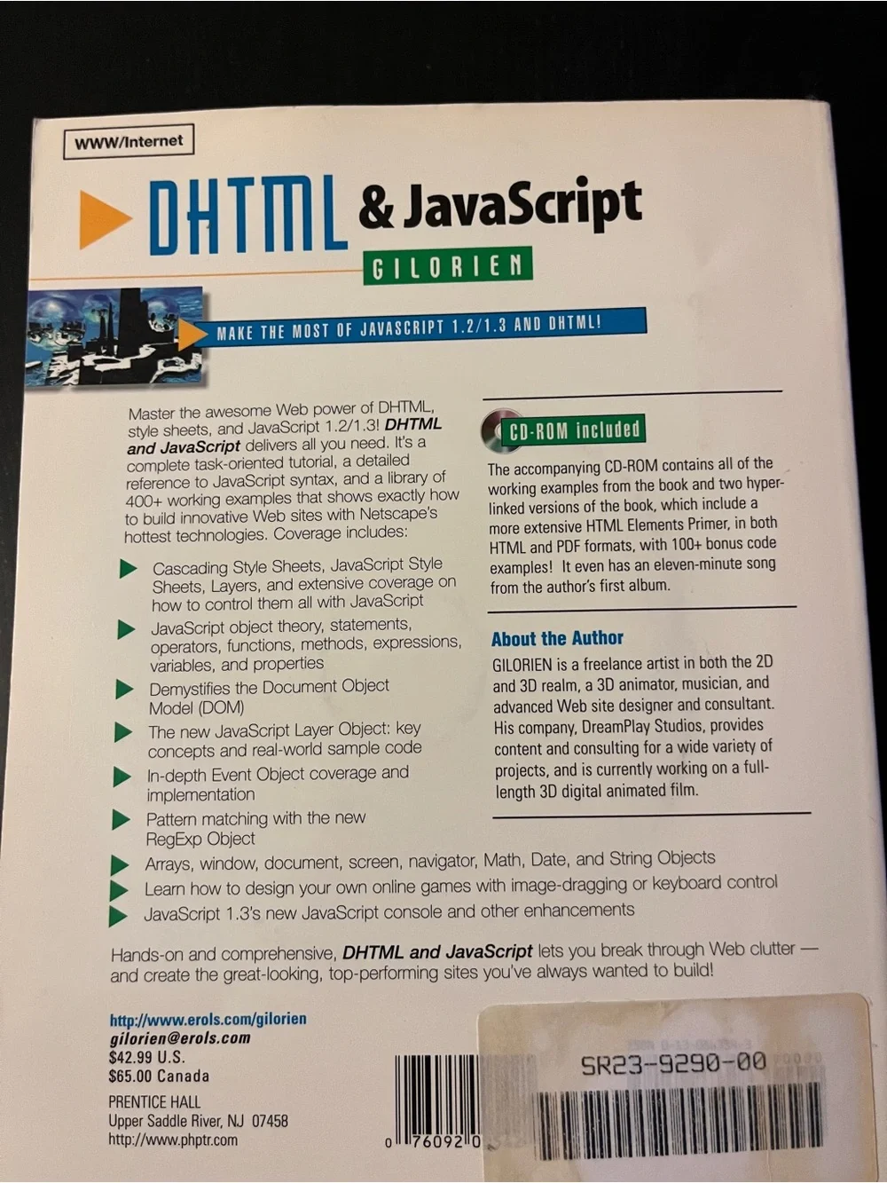 Prentice Hall DHTML & JavaScript Gilorien Book Vintage 1999 CD Included